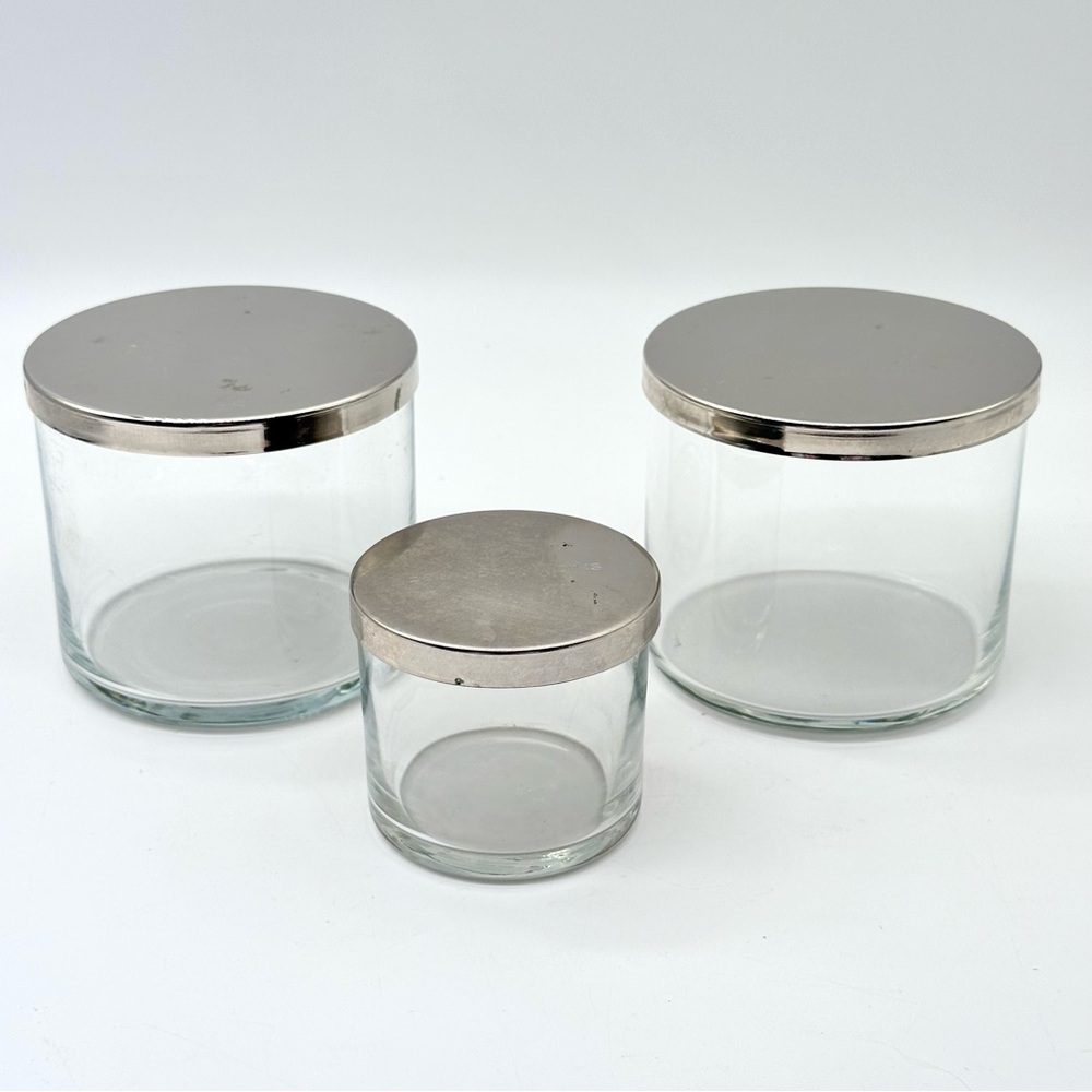 Set of 3 Clear Glass Jars for Candle with Silver Lids